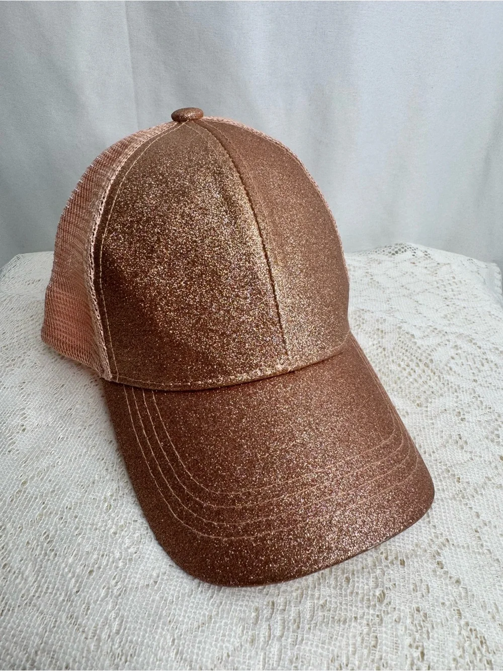 C.C Kids Rose Gold Glitter Ponytail Trucker Hat Adjustable Baseball Cap